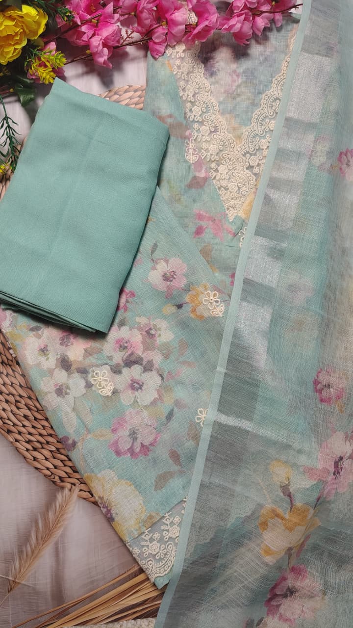 Code 051 Linen Floral Unstitched Suit Set with Shantoon Bottom | AASAKI