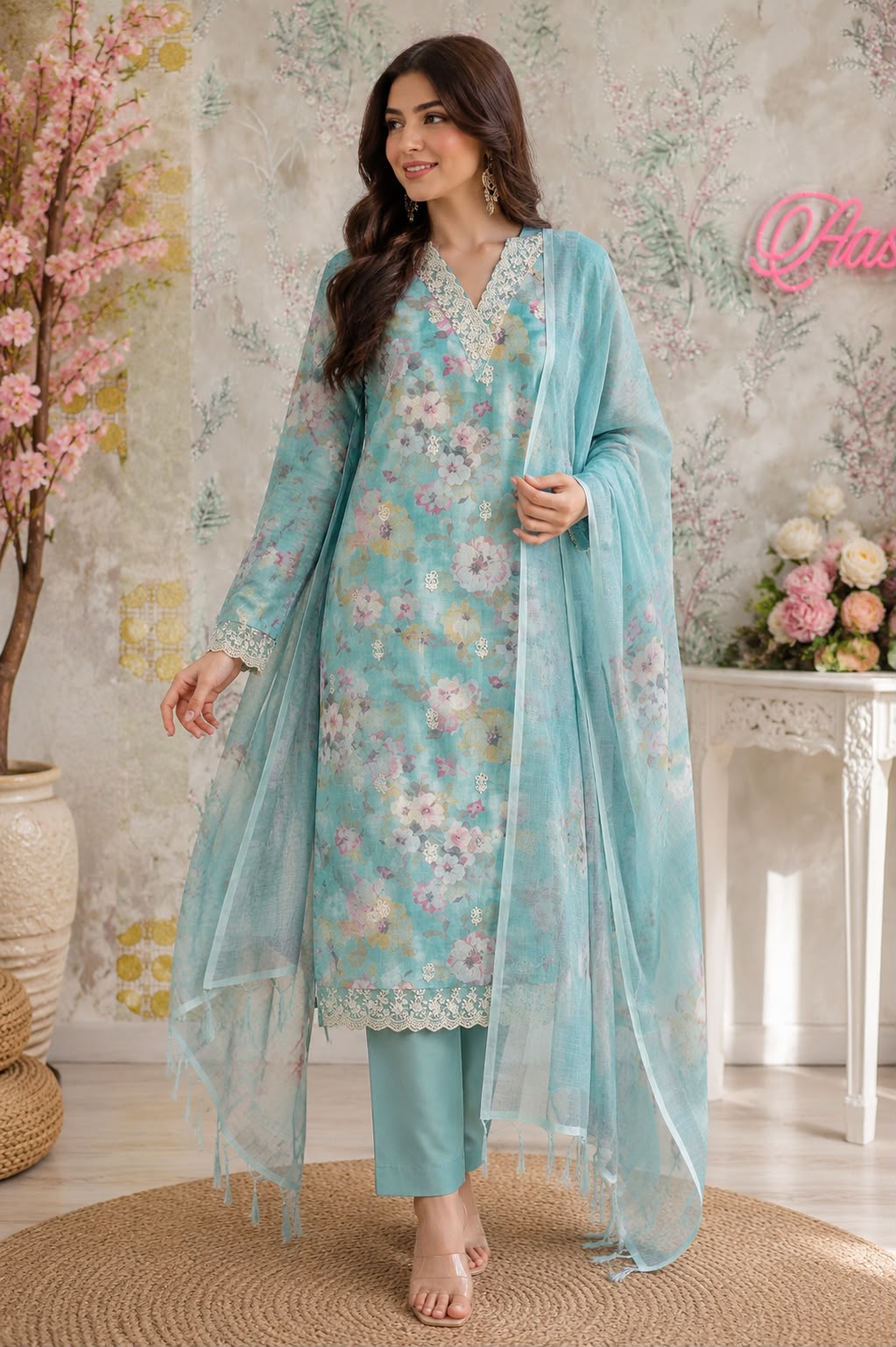 Code 051 Linen Floral Unstitched Suit Set with Shantoon Bottom | AASAKI