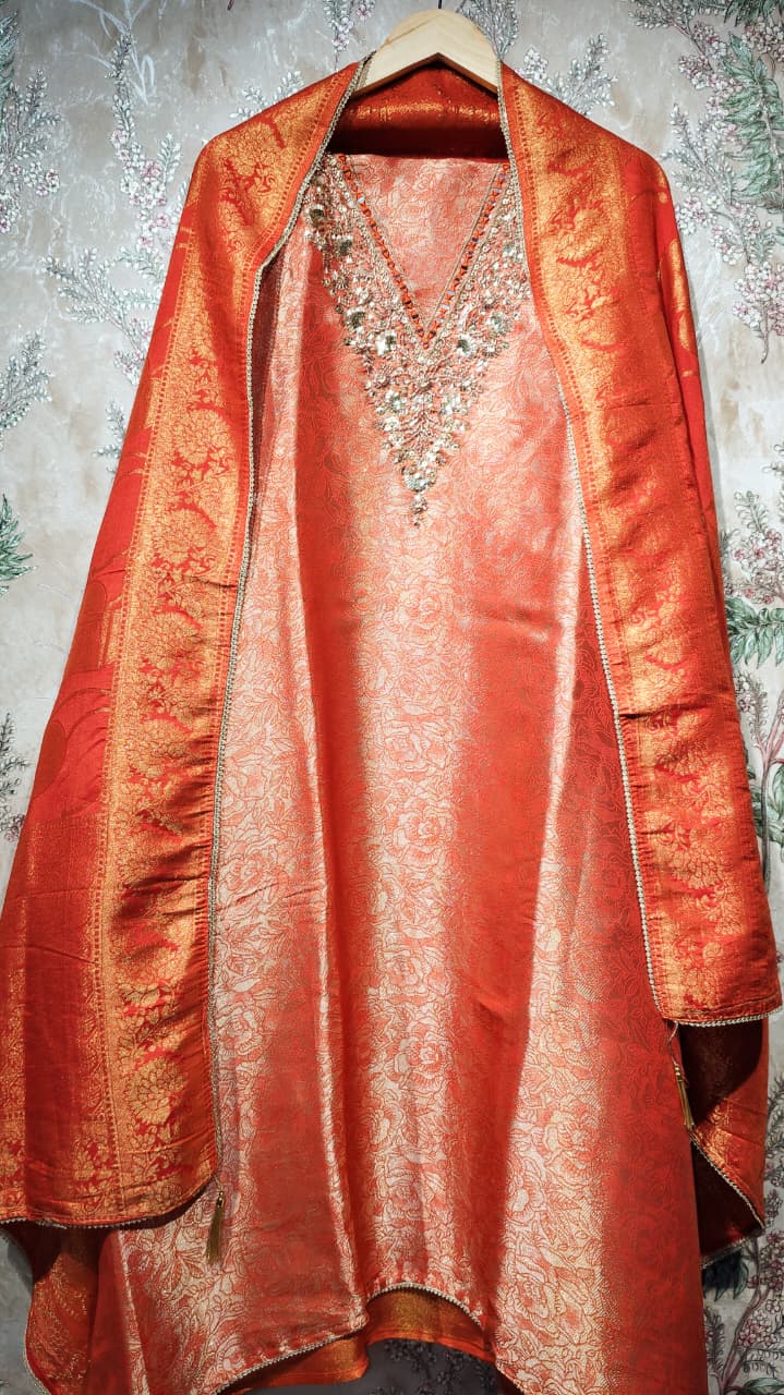 AASAKI™ Kin Khwab Rust Jacquard Suit Set – Code 020