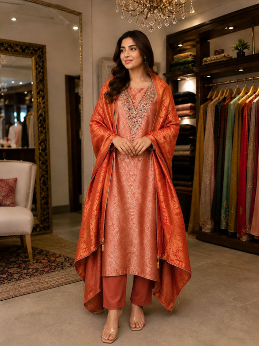 AASAKI™ Kin Khwab Rust Jacquard Suit Set – Code 020