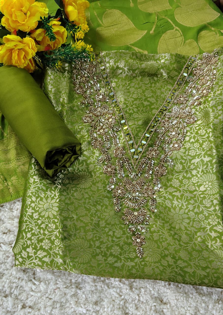 AASAKI™ Kin Khwab Olive Green Jacquard Suit Set – Code 021