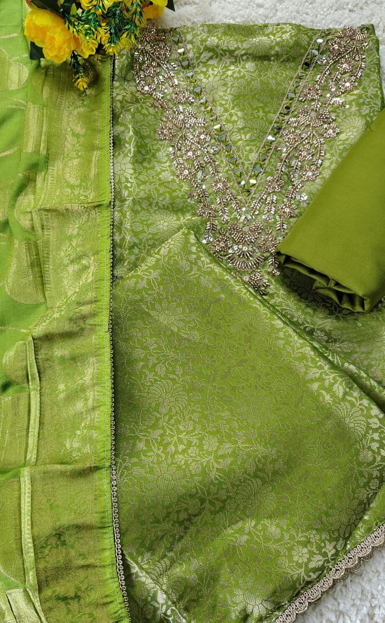 AASAKI™ Kin Khwab Olive Green Jacquard Suit Set – Code 021