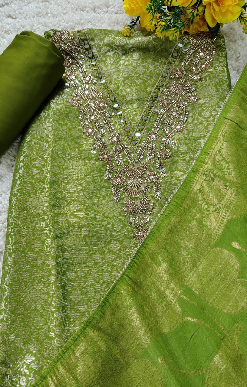 AASAKI™ Kin Khwab Olive Green Jacquard Suit Set – Code 021