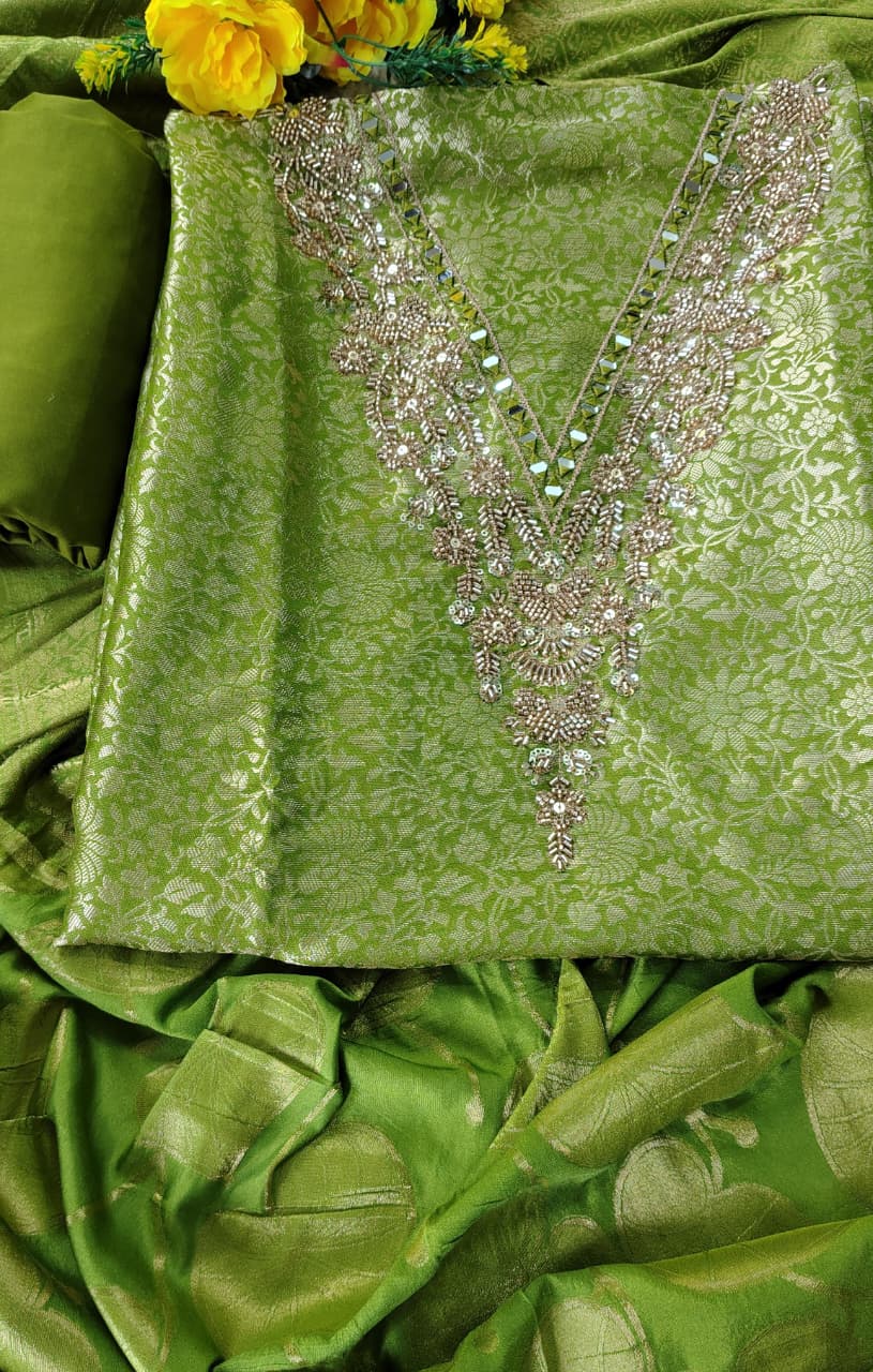 AASAKI™ Kin Khwab Olive Green Jacquard Suit Set – Code 021