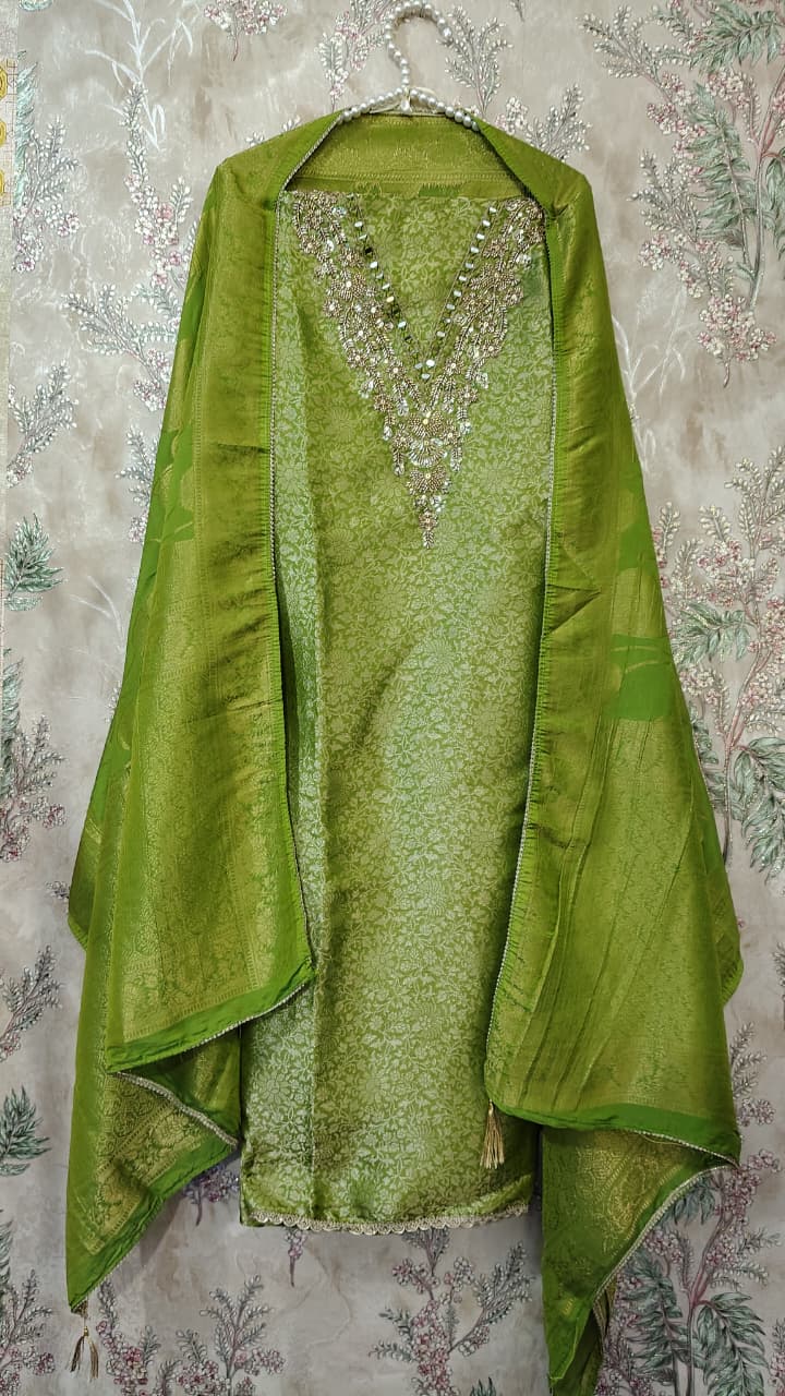 AASAKI™ Kin Khwab Olive Green Jacquard Suit Set – Code 021