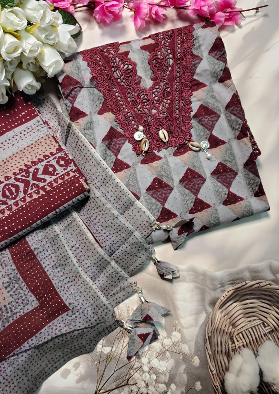 AASAKI Code 069 | Pure Cotton Printed Unstitched Suit Set with Mul Cotton Dupatta