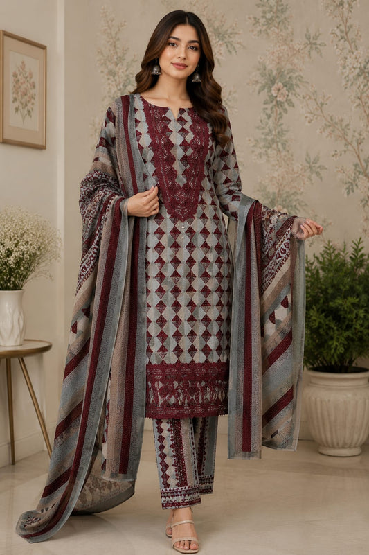 AASAKI Code 069 | Pure Cotton Printed Unstitched Suit Set with Mul Cotton Dupatta