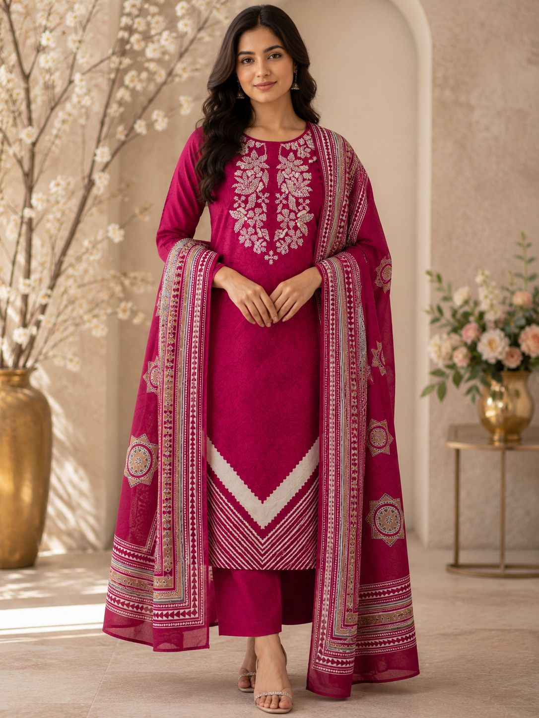 AASAKI 018 Premium Pure Jaam Cotton Embroidered Suit Set with Dupatta