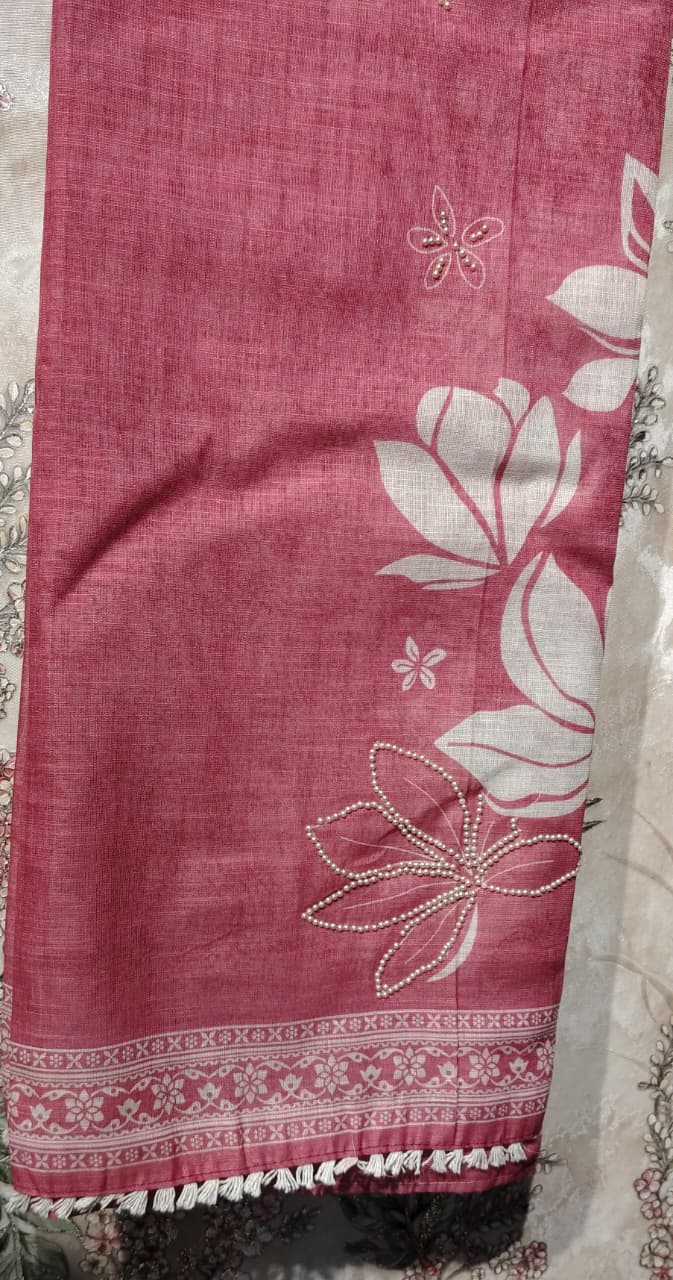 Pearl Work Soft Linen Unstitched Suit Set for Women – Code 011