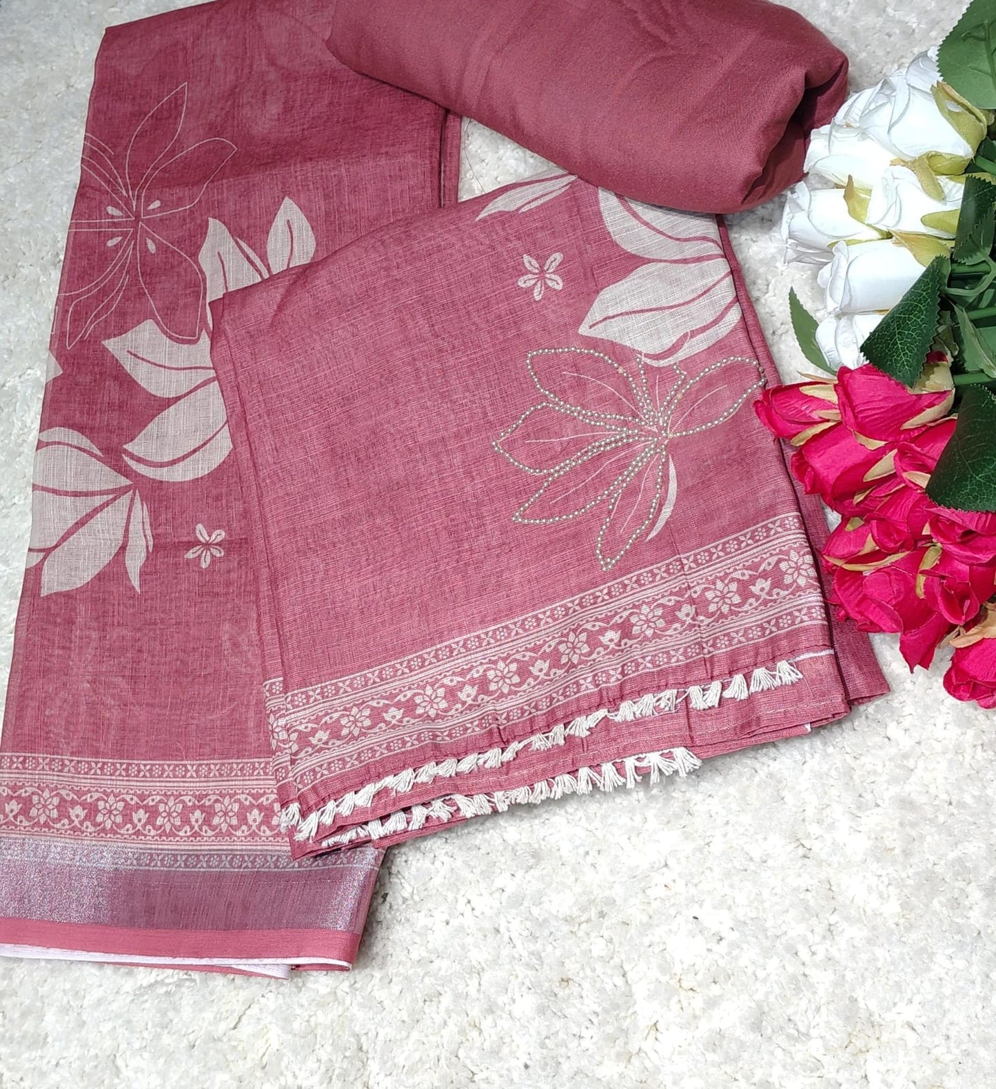 Pearl Work Soft Linen Unstitched Suit Set for Women – Code 011