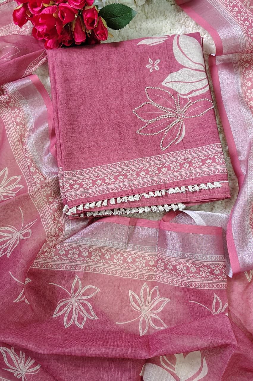 Pearl Work Soft Linen Unstitched Suit Set for Women – Code 011