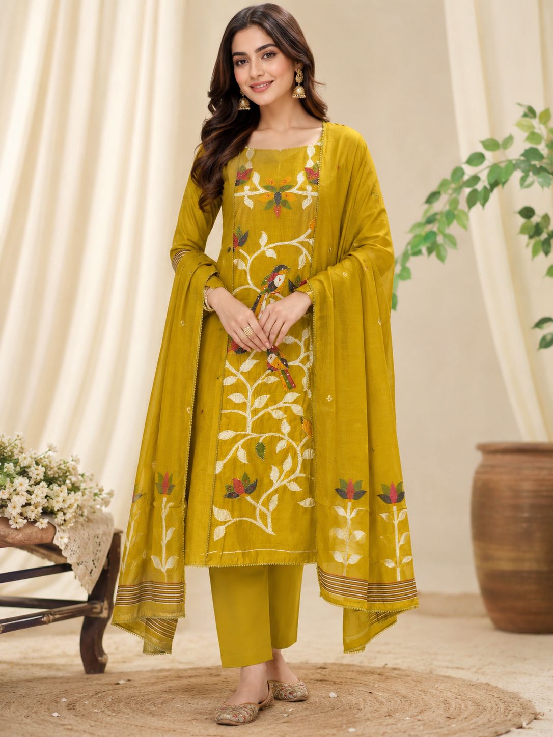 AASAKI 015 Mustard Bird Pure Jaamdani Embroidered Suit Set with Dupatta