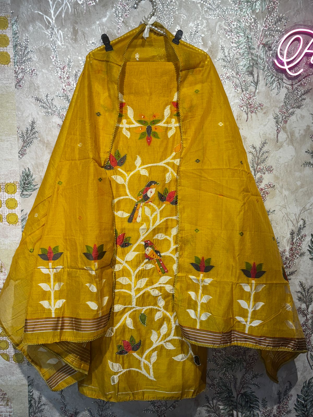 AASAKI 015 Mustard Bird Pure Jaamdani Embroidered Suit Set with Dupatta