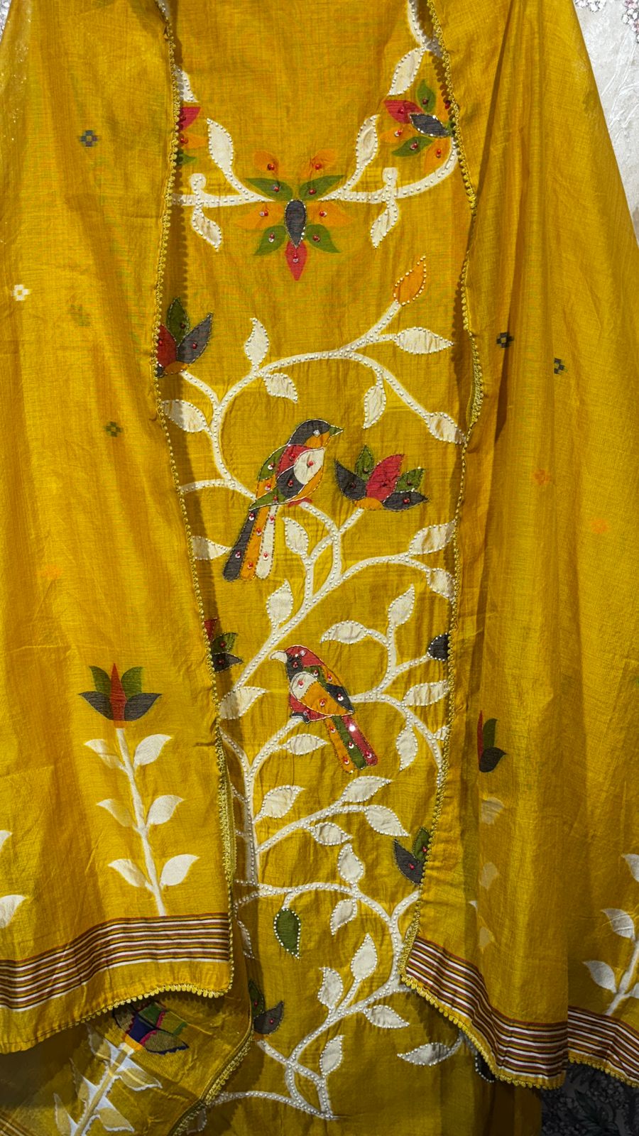 AASAKI 015 Mustard Bird Pure Jaamdani Embroidered Suit Set with Dupatta