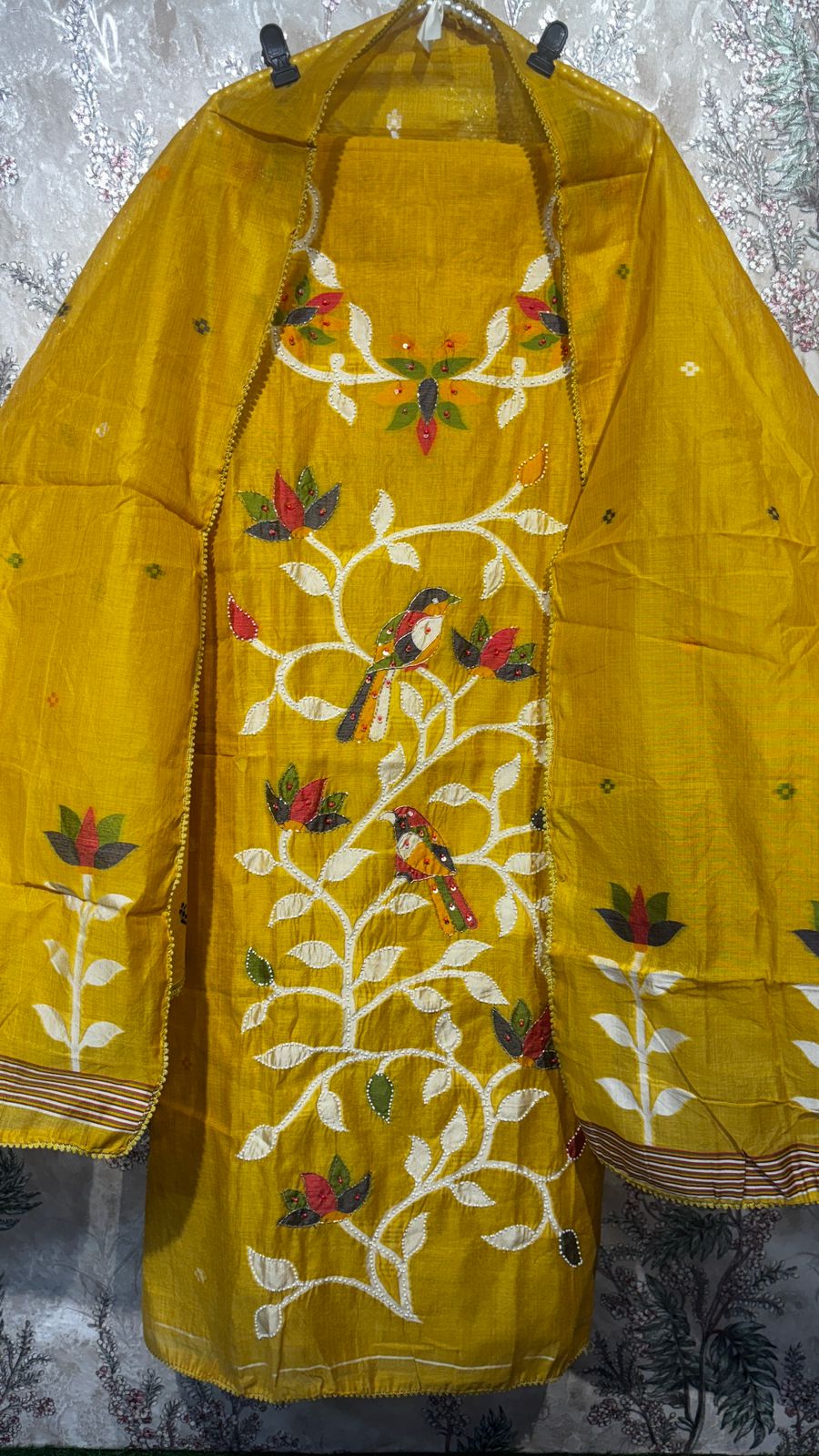 AASAKI 015 Mustard Bird Pure Jaamdani Embroidered Suit Set with Dupatta