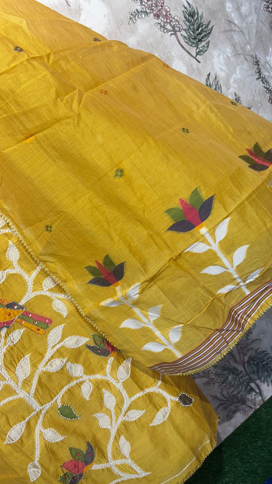 AASAKI 015 Mustard Bird Pure Jaamdani Embroidered Suit Set with Dupatta
