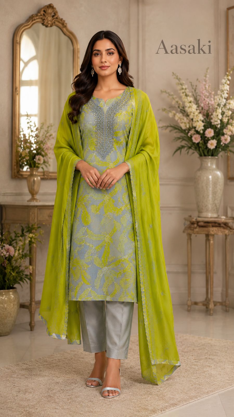 AASAKI Code 064 | Mul Chanderi Unstitched Suit Set with Embroidered Dupatta