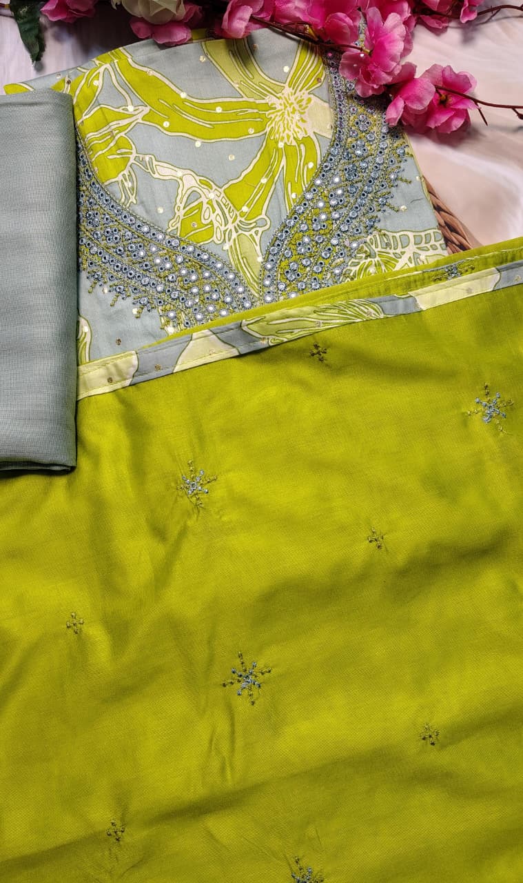 AASAKI Code 064 | Mul Chanderi Unstitched Suit Set with Embroidered Dupatta