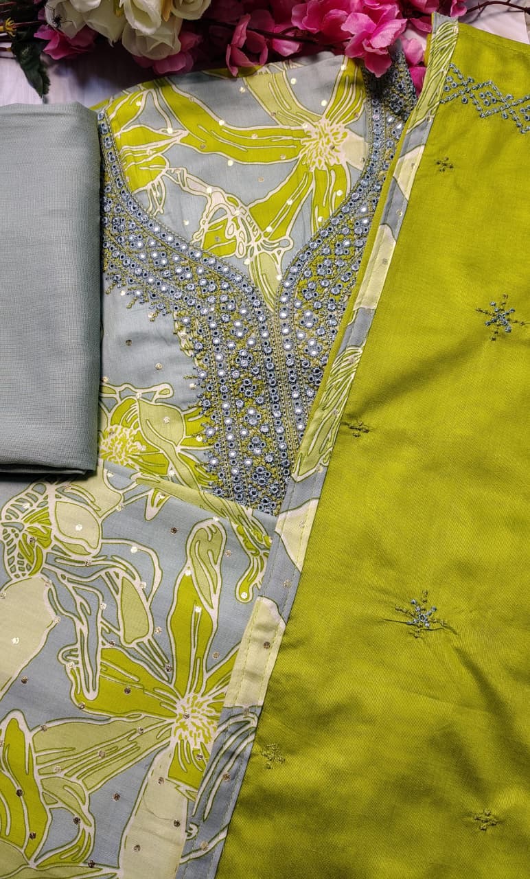 AASAKI Code 064 | Mul Chanderi Unstitched Suit Set with Embroidered Dupatta