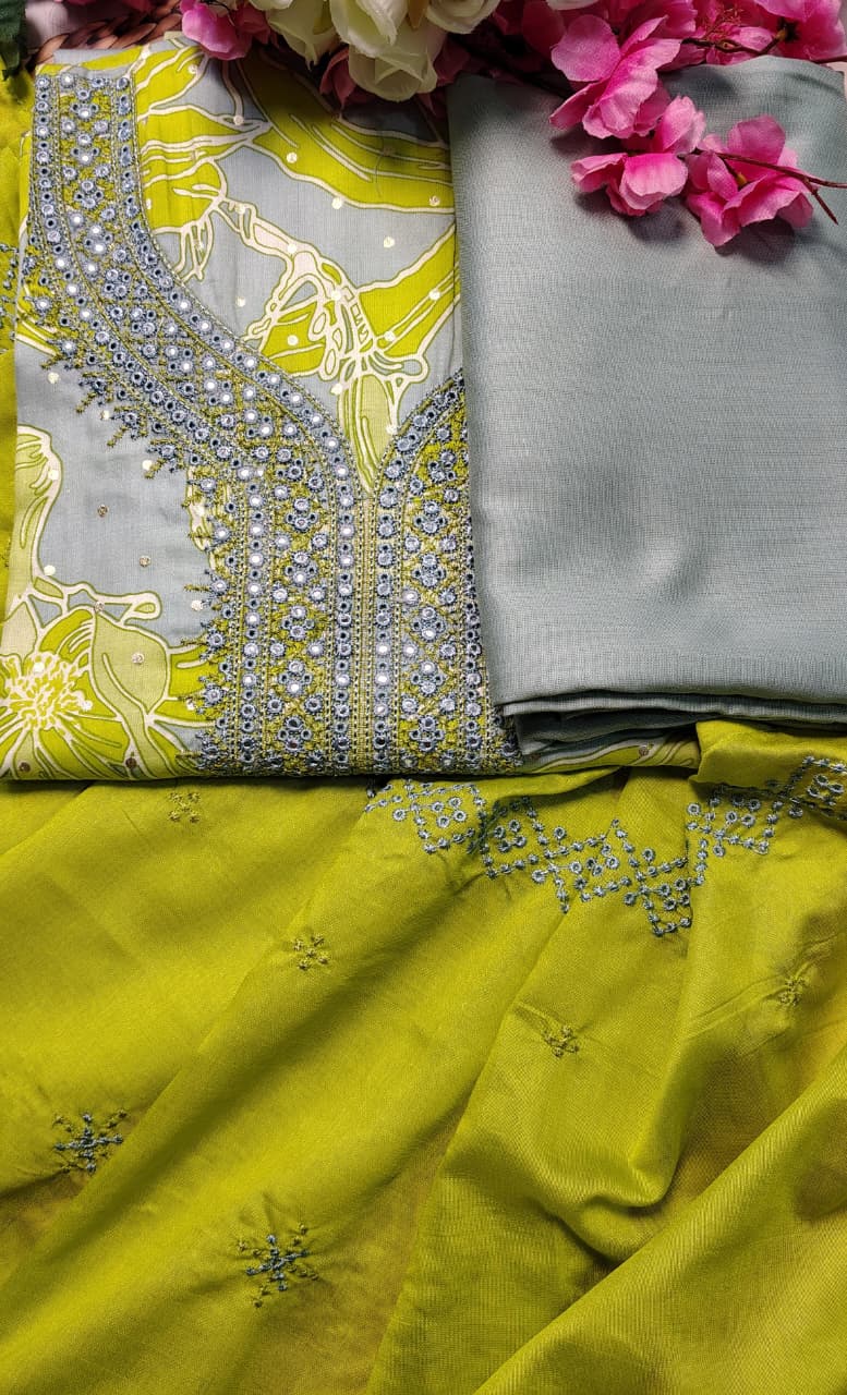AASAKI Code 064 | Mul Chanderi Unstitched Suit Set with Embroidered Dupatta