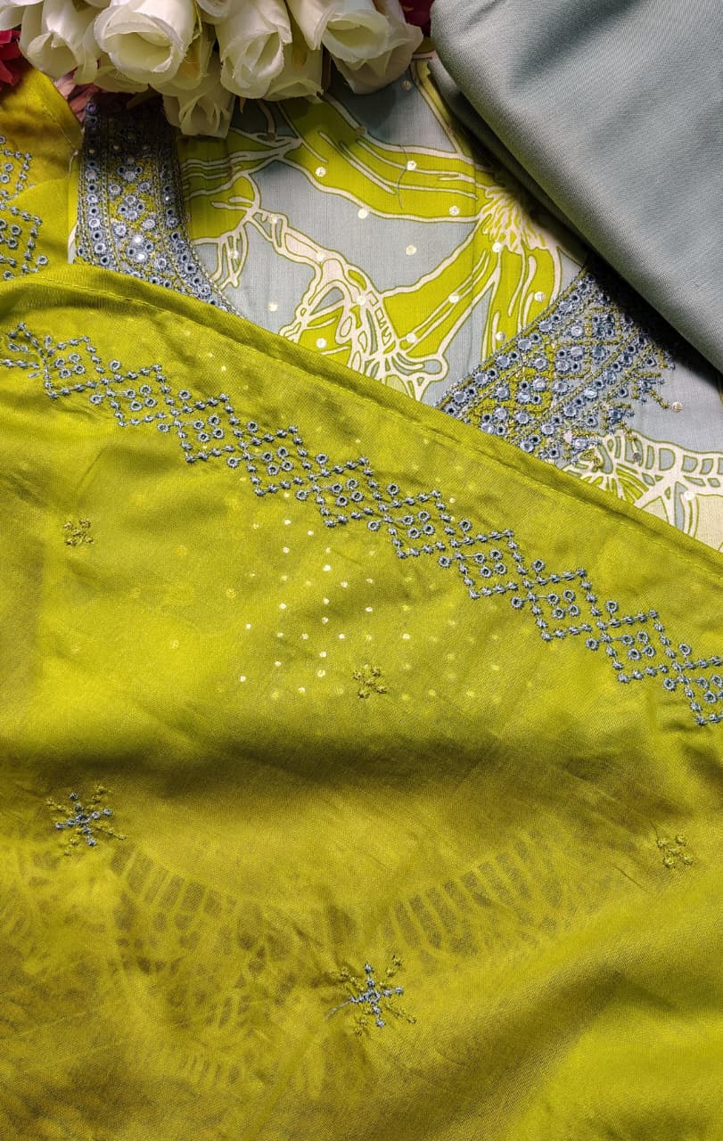 AASAKI Code 064 | Mul Chanderi Unstitched Suit Set with Embroidered Dupatta