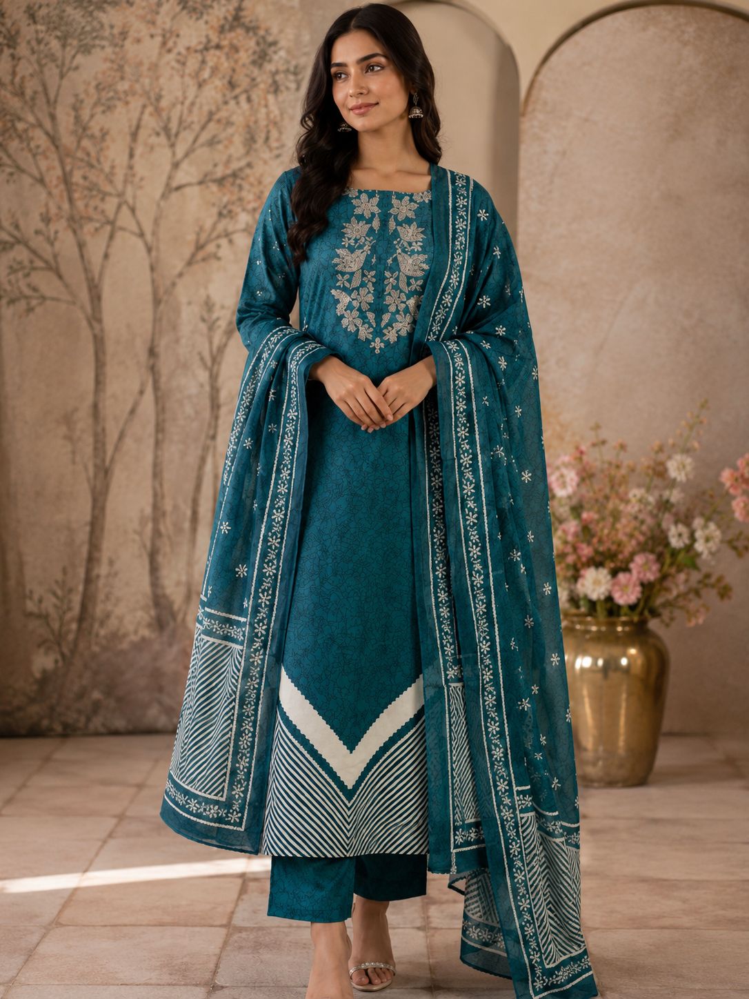 AASAKI 017-Pure Jaam Cotton Embroidered Suit Set with Dupatta