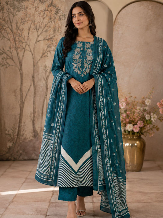 AASAKI 017-Pure Jaam Cotton Embroidered Suit Set with Dupatta