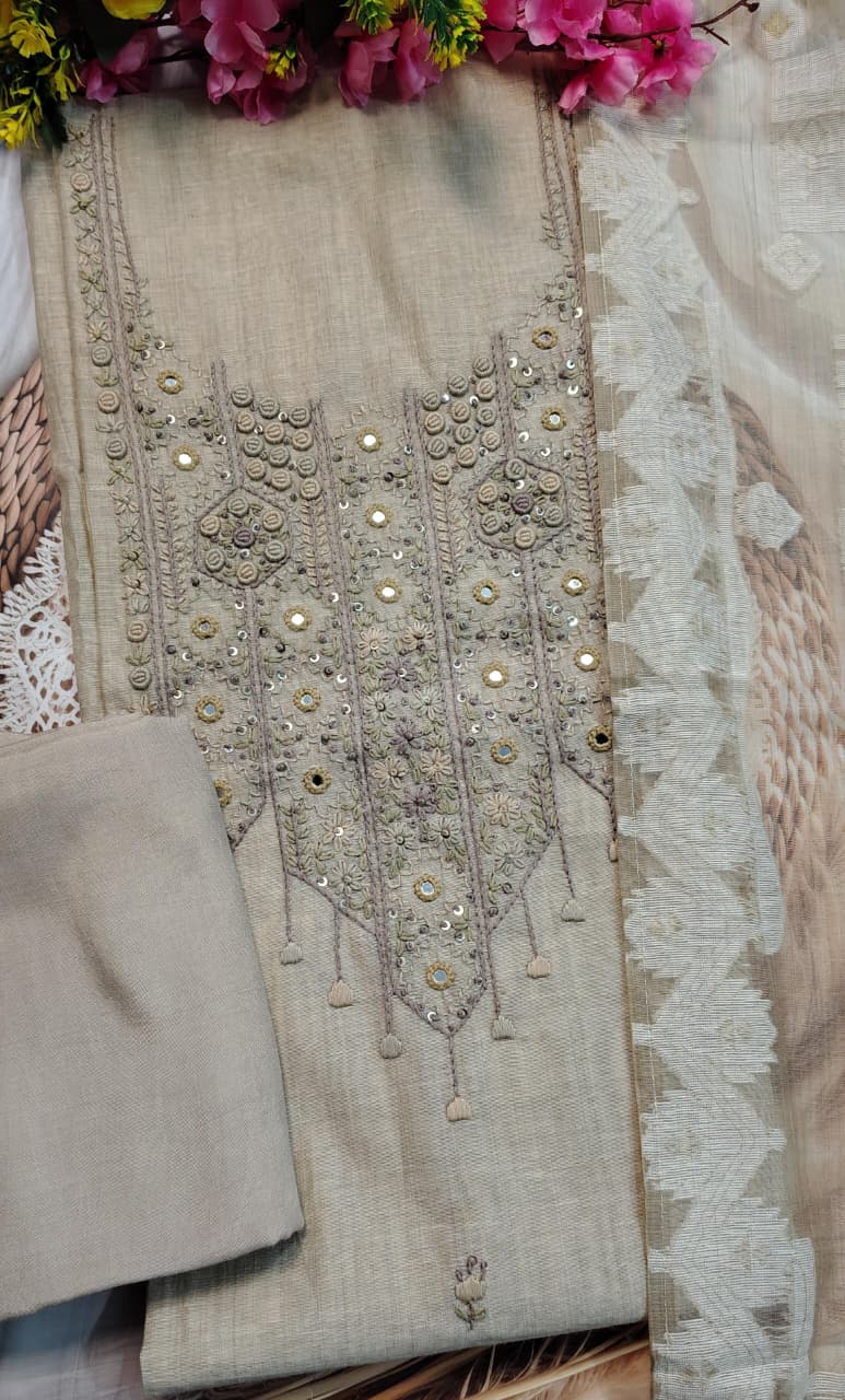 Code 052 Mul Chanderi Embroidered Unstitched Suit Set with Shantoon Bottom | AASAKI