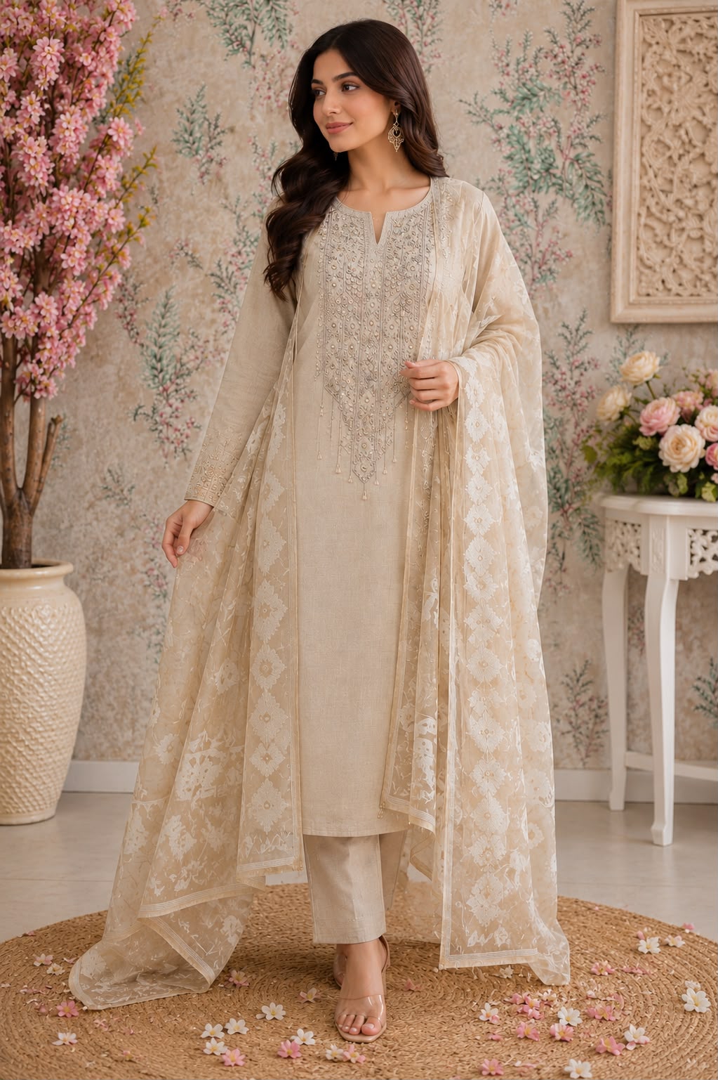 Code 052 Mul Chanderi Embroidered Unstitched Suit Set with Shantoon Bottom | AASAKI