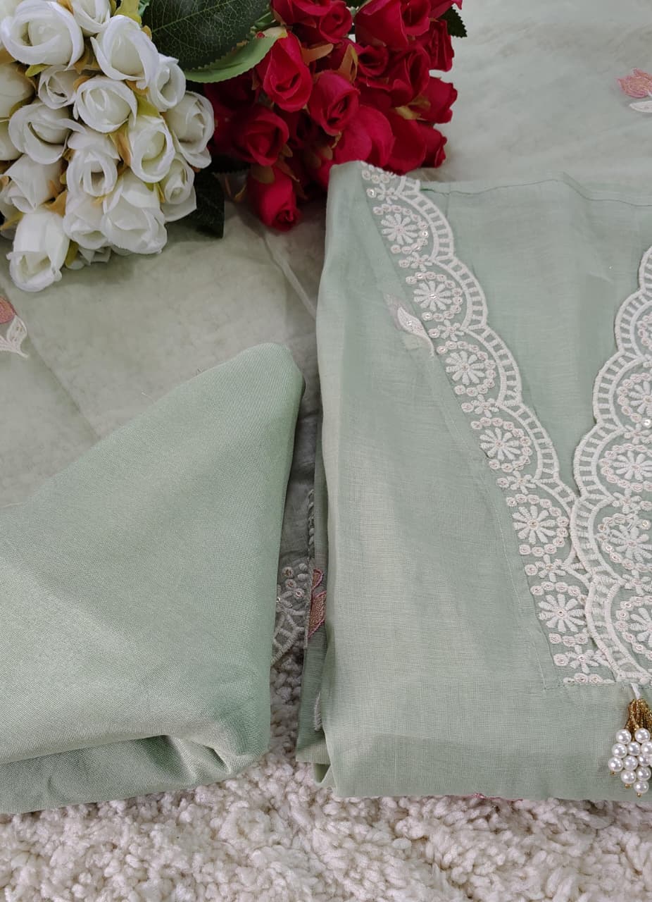 Organza Embroidered Unstitched Suit Set – Festive & Party Wear | Code 042
