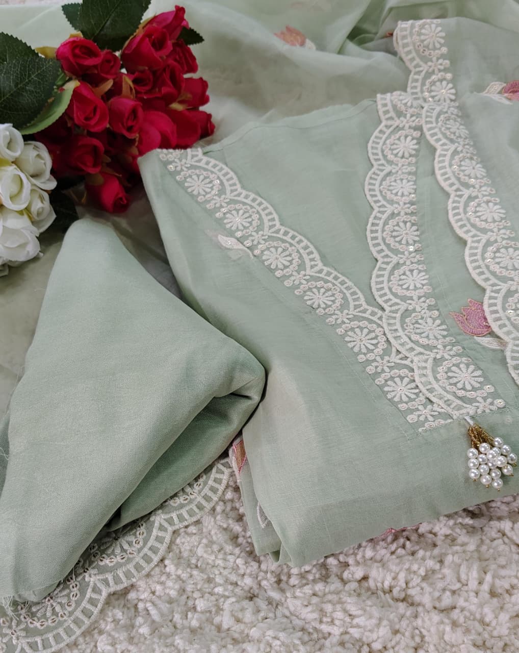 Organza Embroidered Unstitched Suit Set – Festive & Party Wear | Code 042