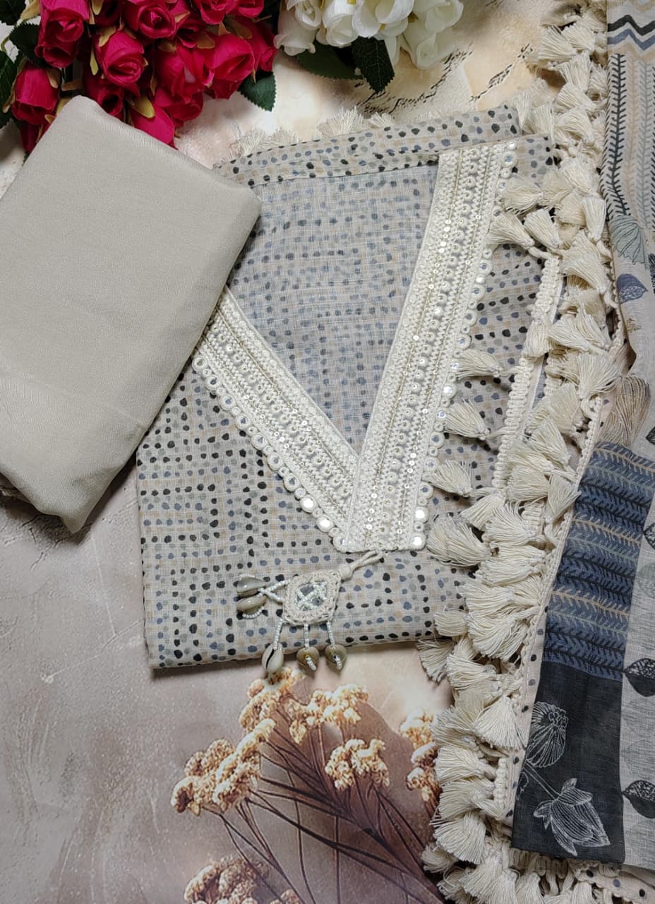 Code 060 Mul Chanderi Unstitched Suit Set with Shantoon Bottom | AASAKI