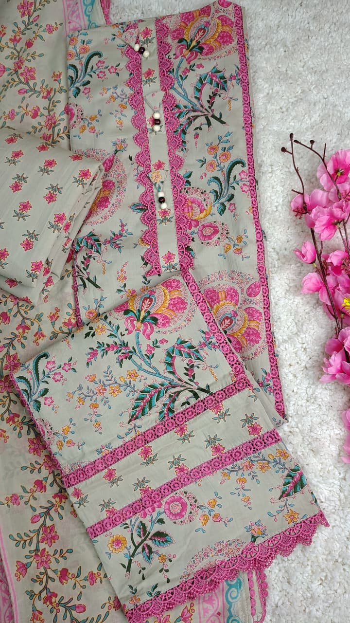 Code 037 – Pure Cotton Unstitched Floral Printed Suit with Matching Dupatta