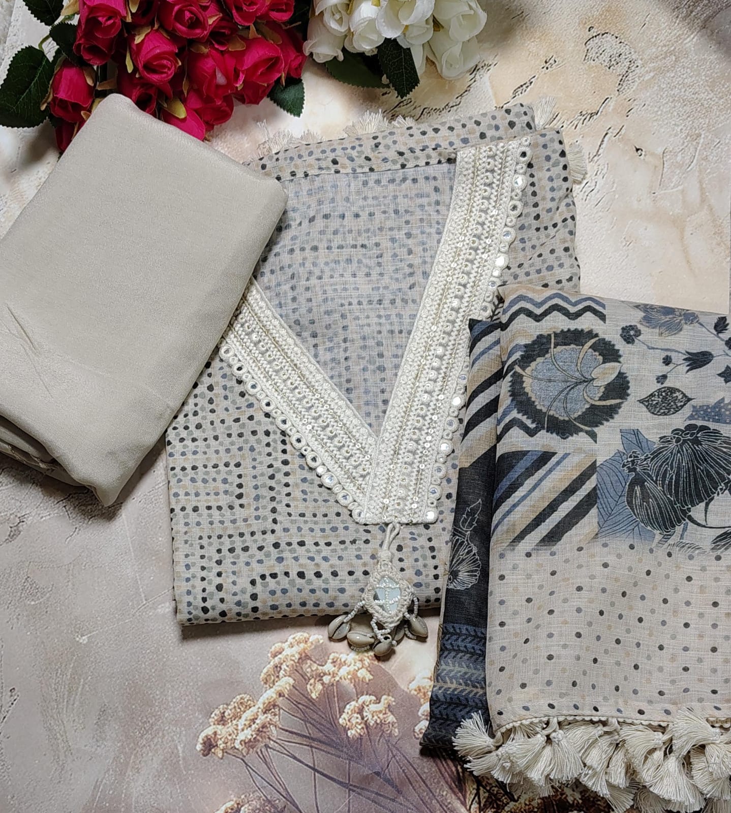 Code 060 Mul Chanderi Unstitched Suit Set with Shantoon Bottom | AASAKI