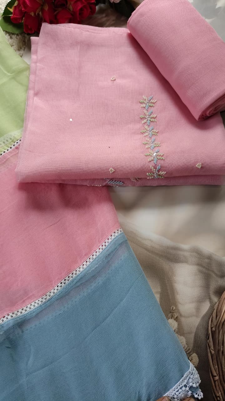 Code 049 Pearl Work Embroidered Cotton Suit with Pure Chiffon Dupatta | Aasaki