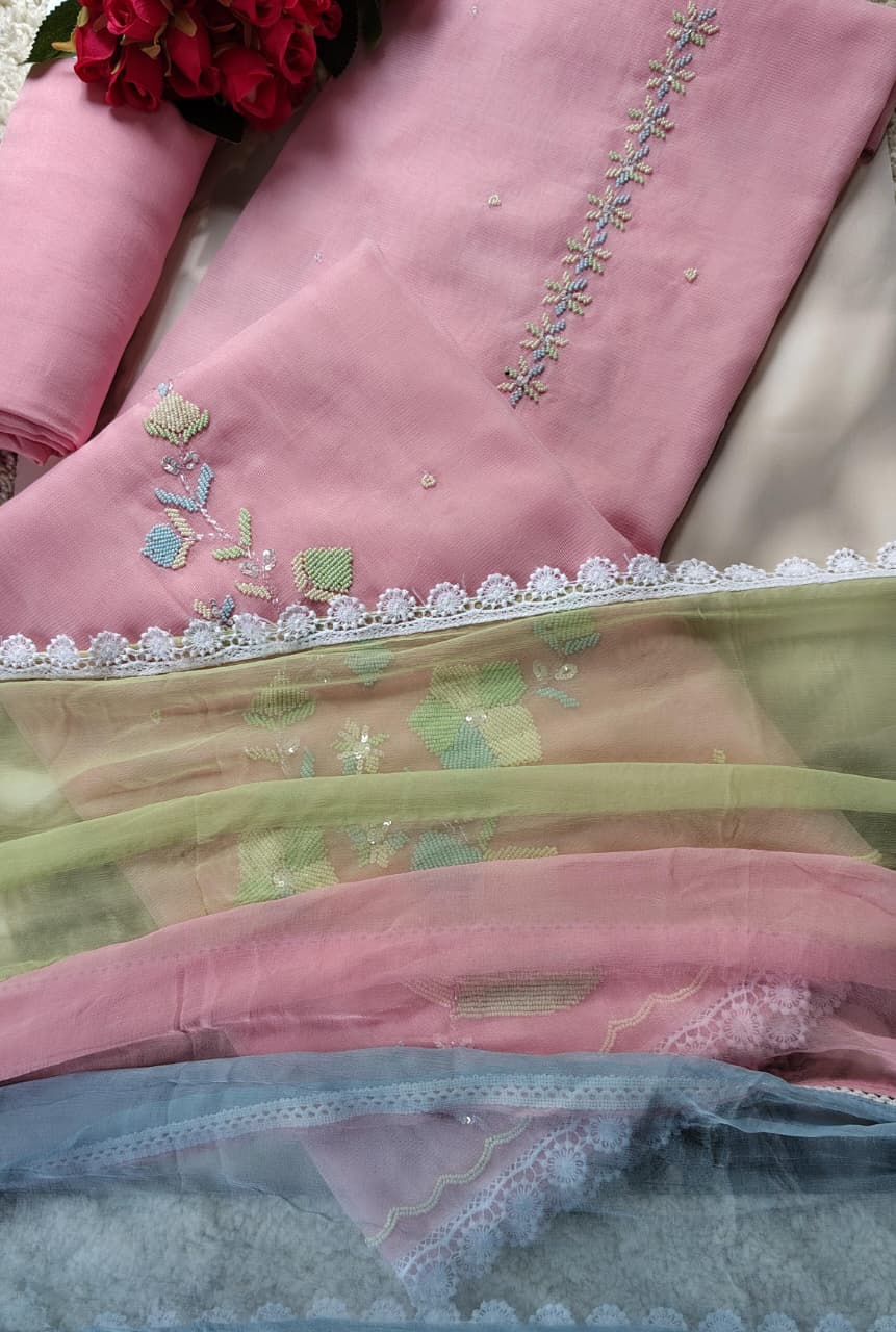Code 049 Pearl Work Embroidered Cotton Suit with Pure Chiffon Dupatta | Aasaki