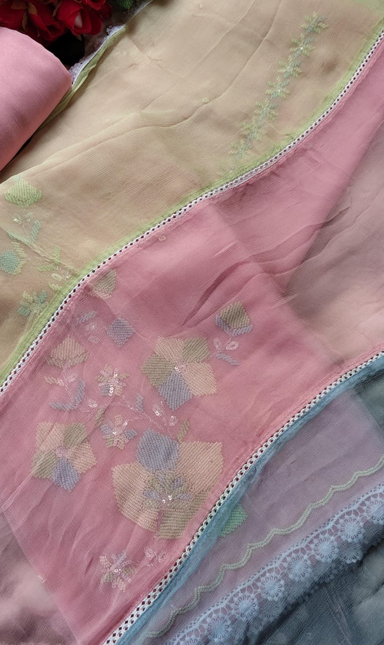 Code 049 Pearl Work Embroidered Cotton Suit with Pure Chiffon Dupatta | Aasaki