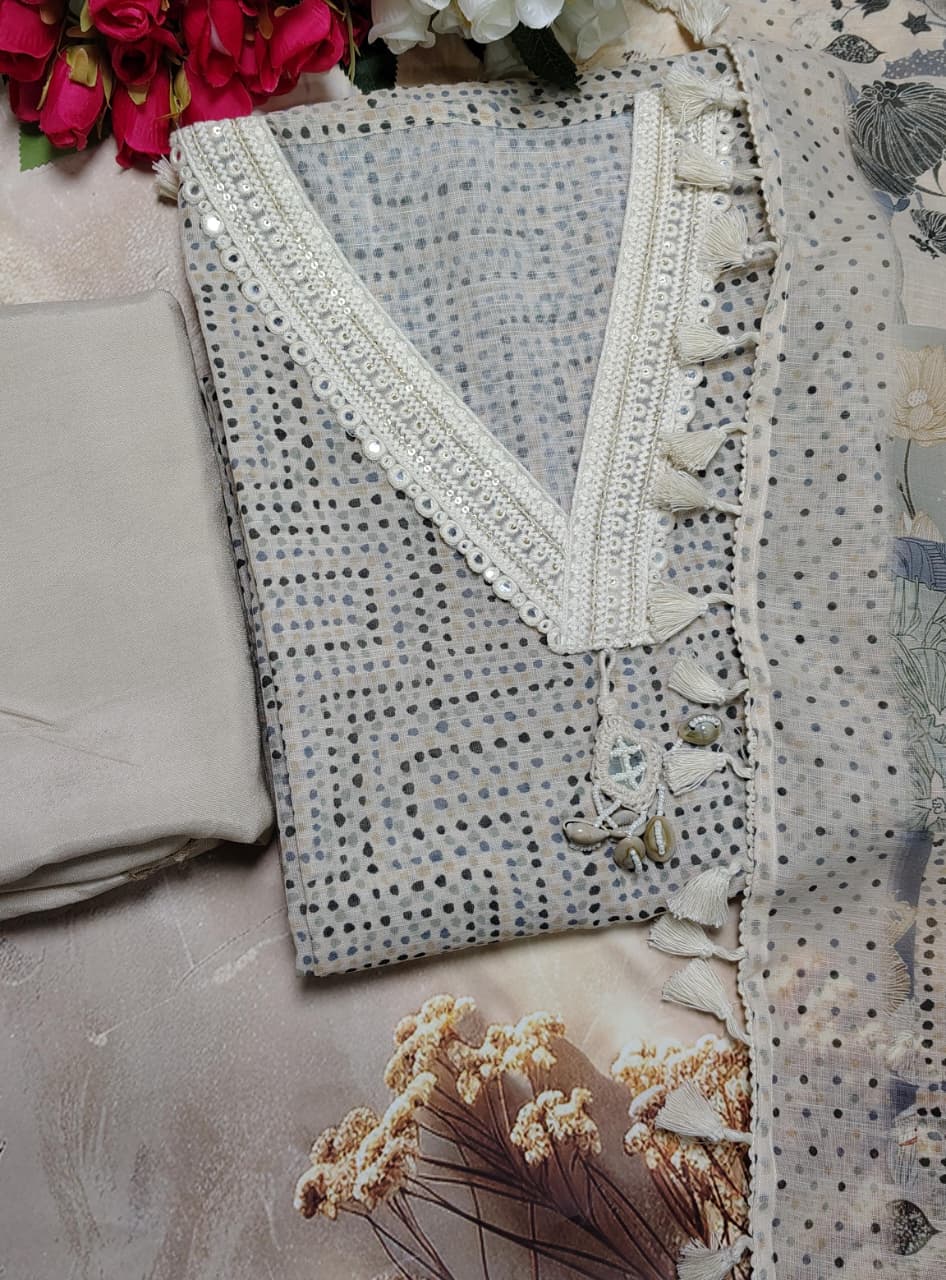 Code 060 Mul Chanderi Unstitched Suit Set with Shantoon Bottom | AASAKI