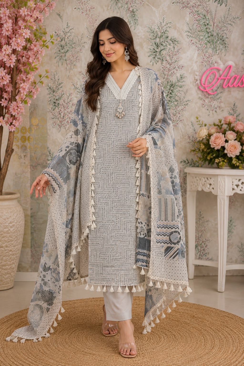 Code 060 Mul Chanderi Unstitched Suit Set with Shantoon Bottom | AASAKI