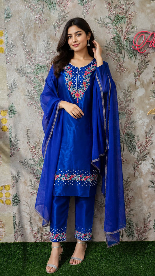 Royal Blue Embroidered Punjabi Suit with Dupatta | Party Wear Unstitched Suit | Code 012