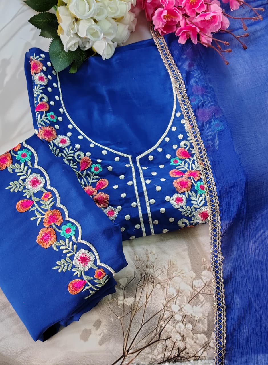 Royal Blue Embroidered Punjabi Suit with Dupatta | Party Wear Unstitched Suit | Code 012