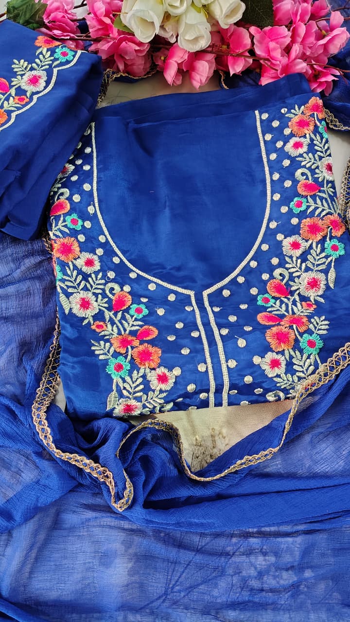 Royal Blue Embroidered Punjabi Suit with Dupatta | Party Wear Unstitched Suit | Code 012