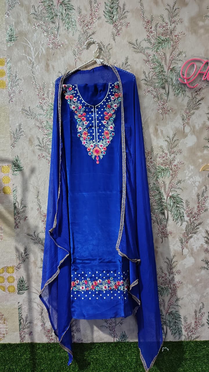 Royal Blue Embroidered Punjabi Suit with Dupatta | Party Wear Unstitched Suit | Code 012