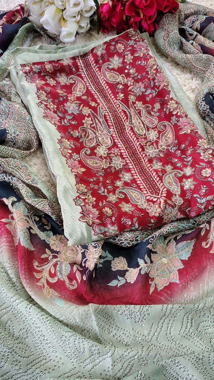 Premium Silk Designer Unstitched Suit with Printed Dupatta | Code 035