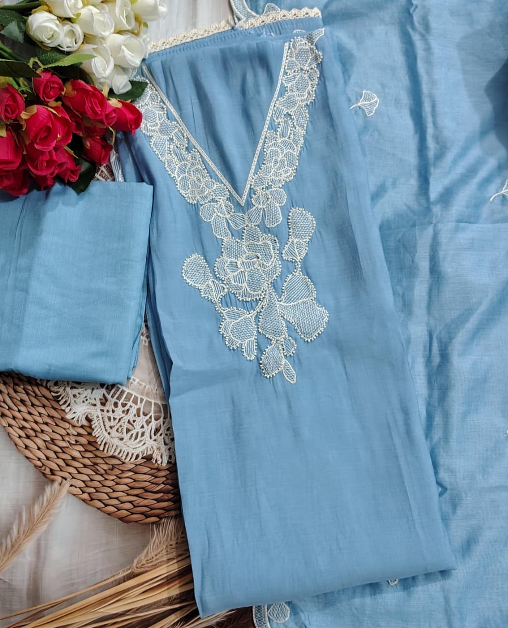 Premium Mul Chanderi Embroidered Unstitched Suit with Heavy Embroidered Dupatta | Code 072 | AASAKI