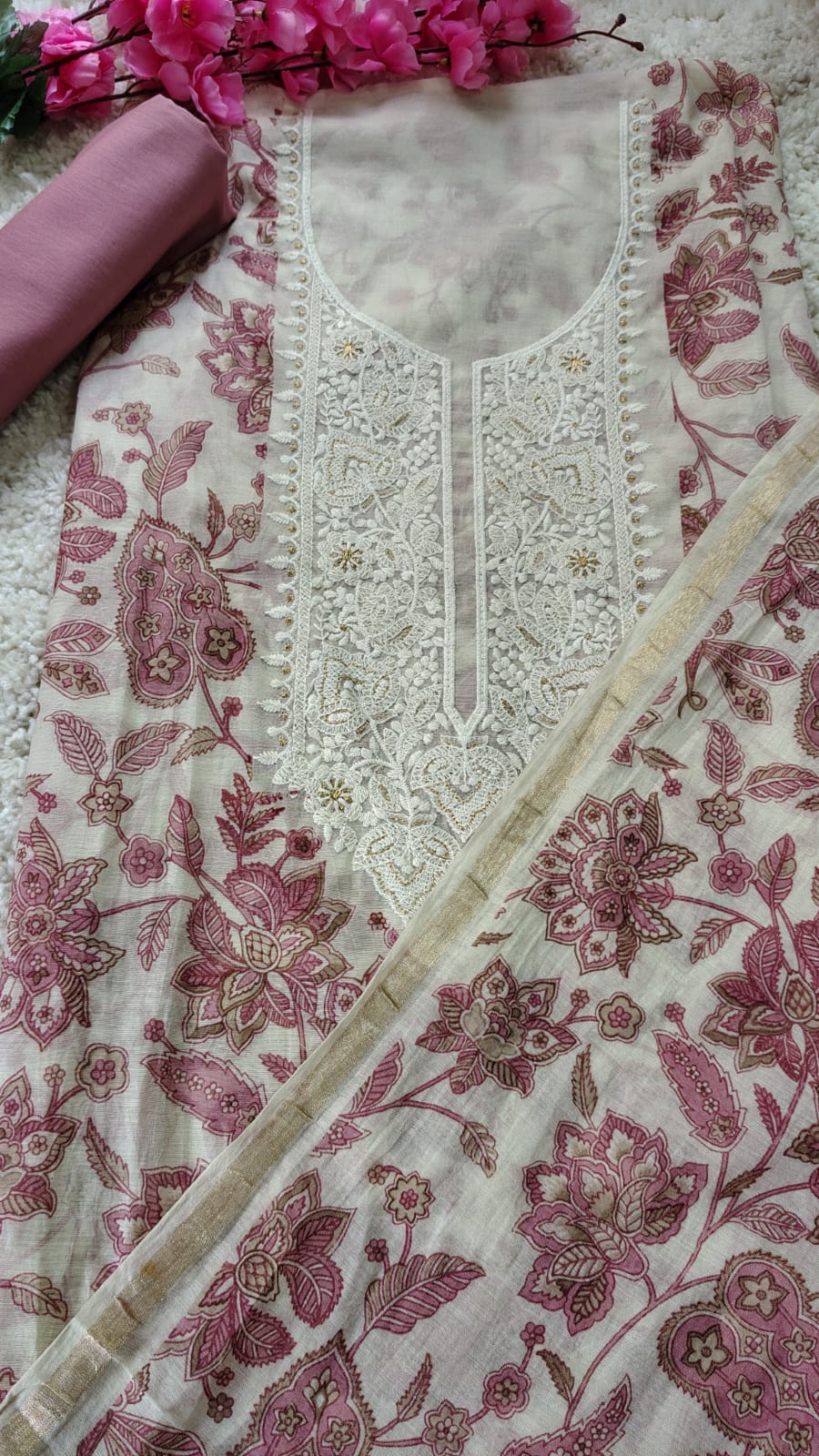 Pink Floral Mul Chanderi Unstitched Suit Set with Dupatta | Code 075 | AASAKI