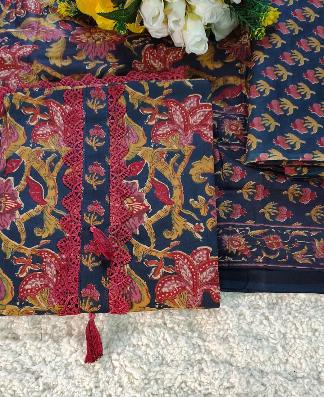 Code 038 – Premium Pure Cotton Printed Suit with Lace Work | Aasaki