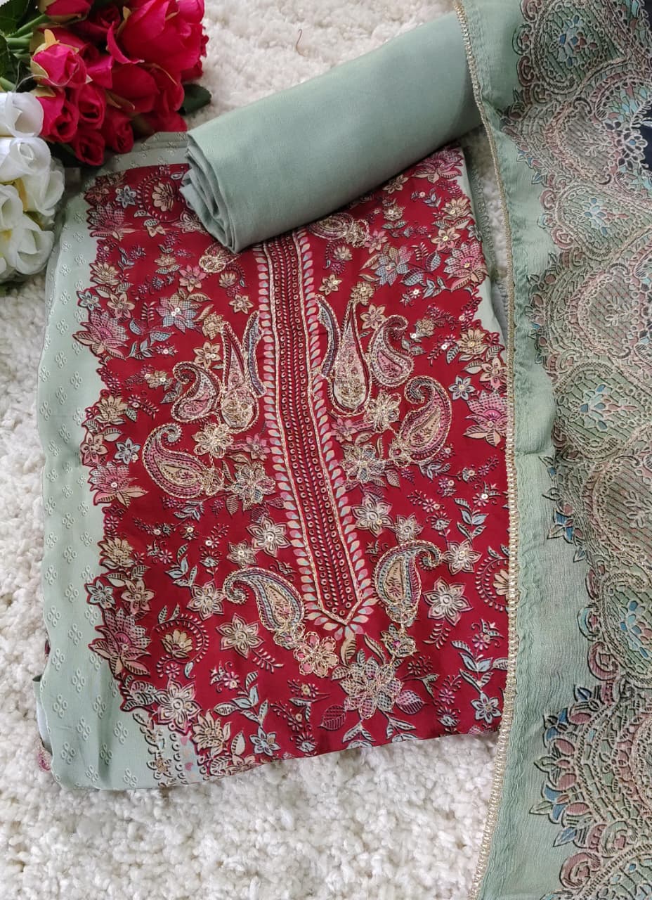 Premium Silk Designer Unstitched Suit with Printed Dupatta | Code 035
