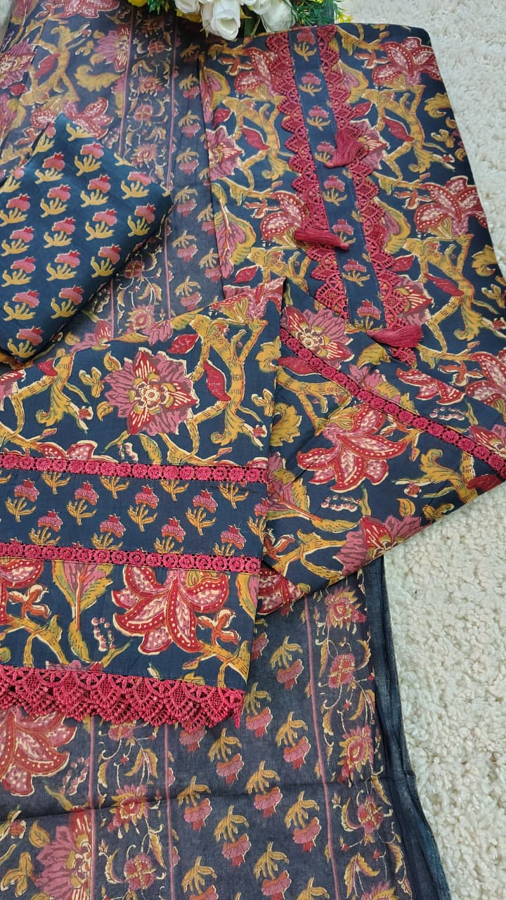 Code 038 – Premium Pure Cotton Printed Suit with Lace Work | Aasaki