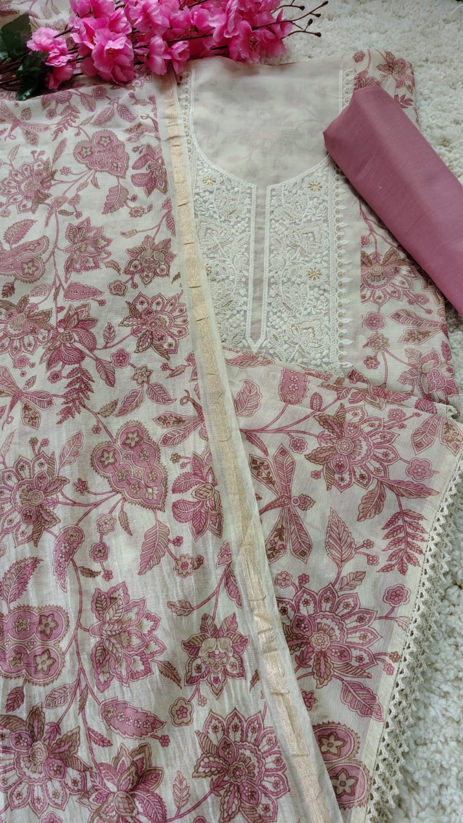 Pink Floral Mul Chanderi Unstitched Suit Set with Dupatta | Code 075 | AASAKI